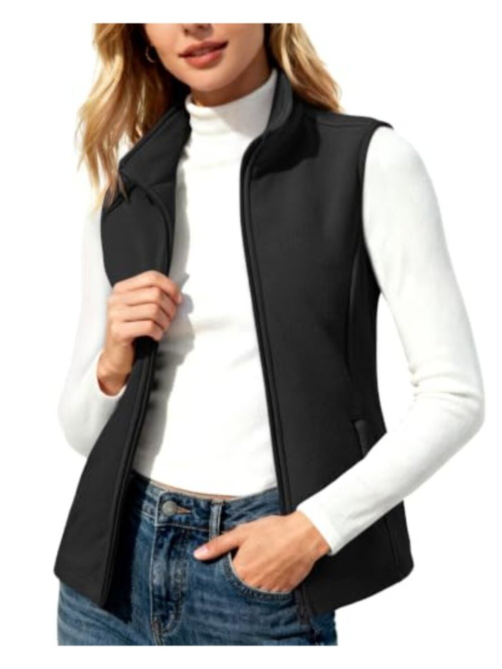 Fleece Zip Sleeveless Vest with Pockets Antistatic Stand Collar